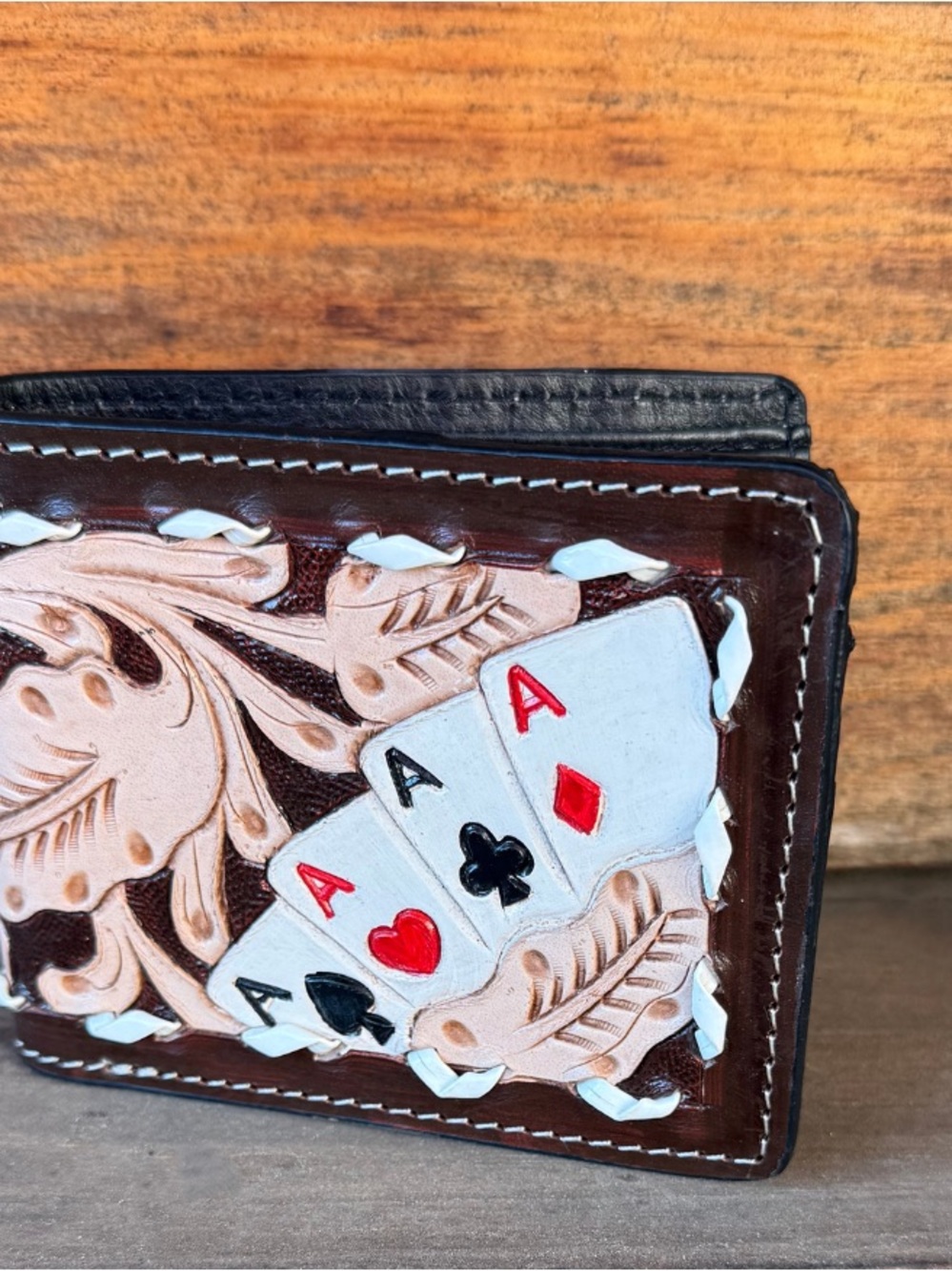 Hand-Tooled Leather Card Holder Wallet - Brown with White and Red Accent